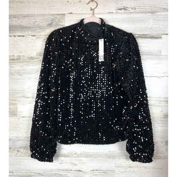 Sanctuary Women’s L All Nighter Black Sequin Mock Neck Zipper Lined Blouse NWT - Picture 3 of 8